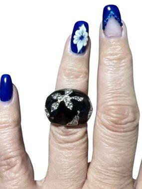 Black Crystal Floral Statement Ring - Women Jewelry
